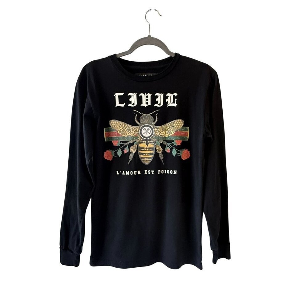 Civil Regime LAmour Est Poison Black Long Sleeve Shirt S 100% Cotton Bee Graphic - Picture 2 of 6